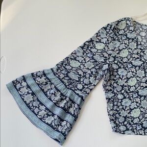 American Eagle Navy & Aqua Print Cottage Core Blouse with 3/4 Fairy Bell Sleeves